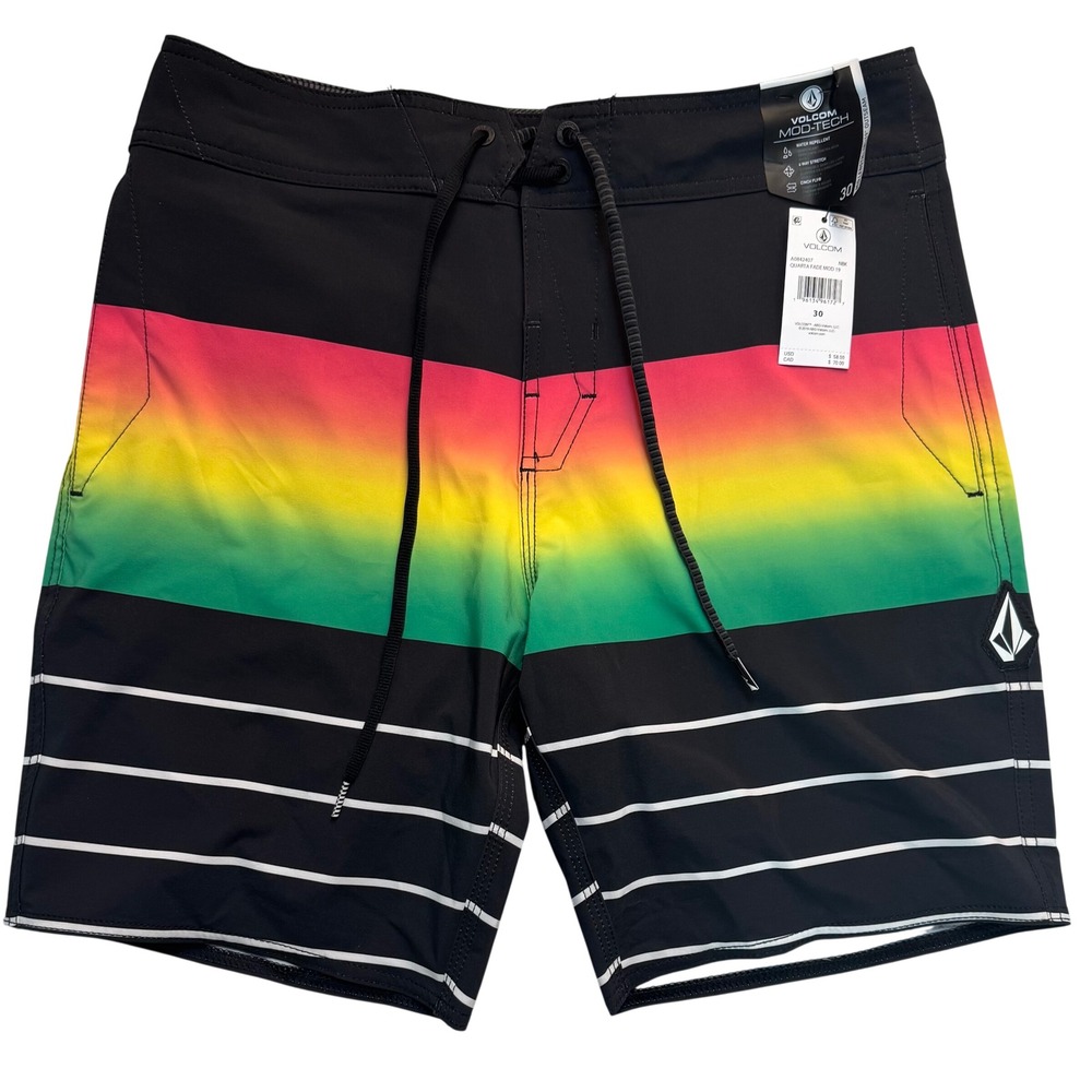 Volcom Mens Quarta Fade Mod 19 Board Shorts Black Rasta Stripe Size 30
